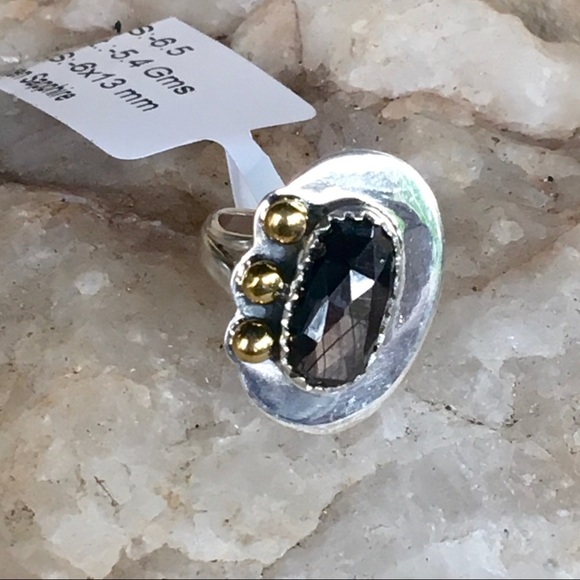FACETED BLACK SAPPHIRE two tone sterling ring 6.5 - Picture 3 of 7